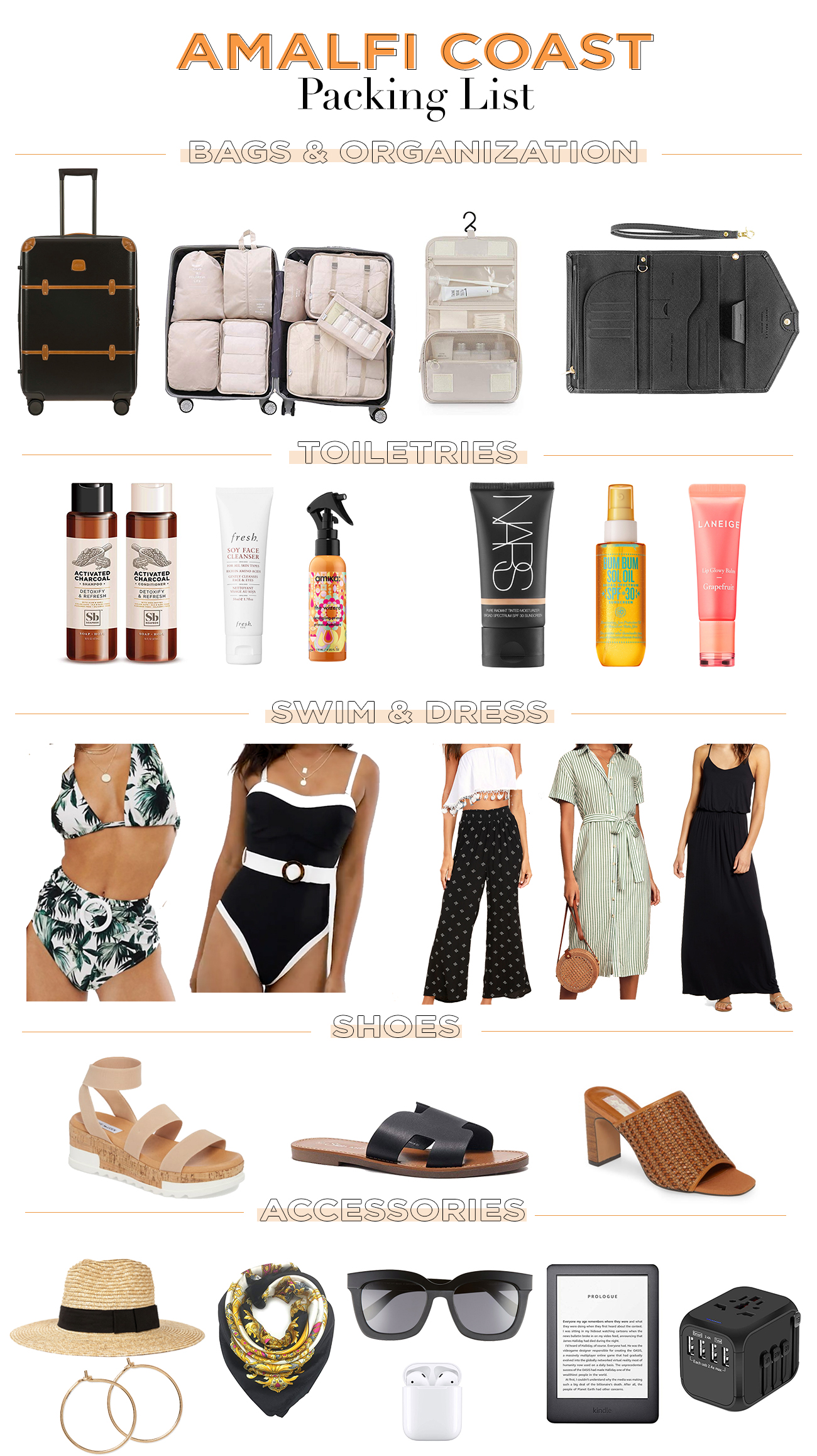 "Must have" items to pack for an Amalfi Coast vacation. This list is full of specific products for visiting Sorrento, Positano, Amalfi, Ravello, Capri, and all of the towns in the Amalfi Coast. 